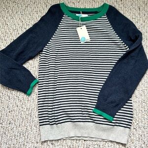Boden cotton cashmere sweater gray and navy stripes green trim 8-9 years NWT